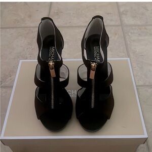 Michael Kors Inspired Black Strappy Peep-Toe Heels with Gold Zipper Pull